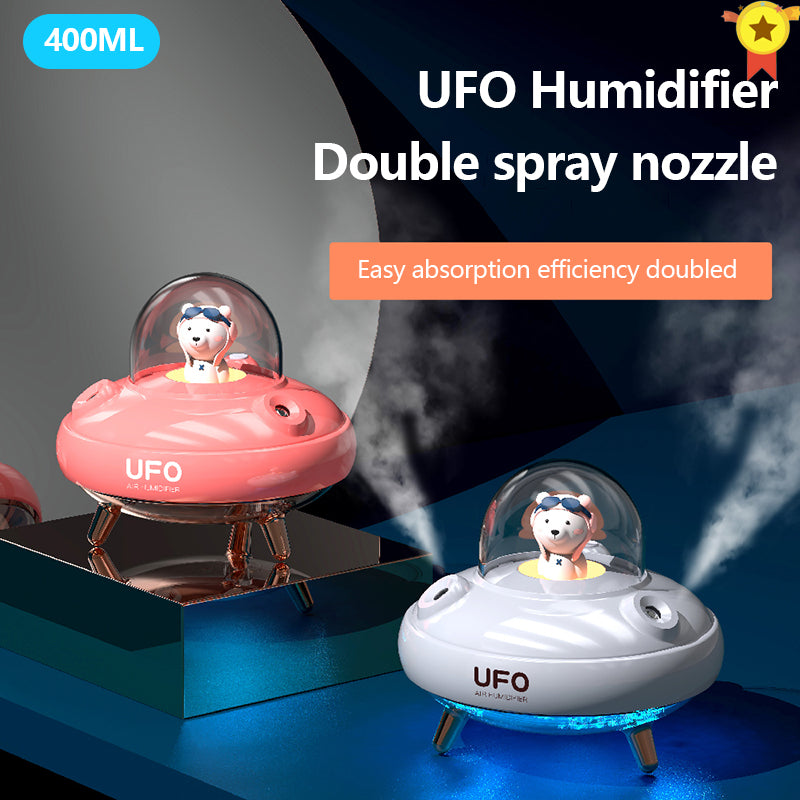 Dual Nozzles Wireless Air Humidifier in UFO shape with colorful lights, showcasing its compact design and dual spray nozzles.