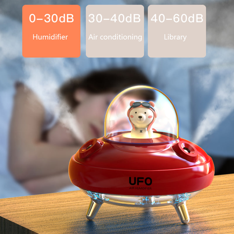 Dual Nozzles Wireless Air Humidifier in UFO shape with colorful lights, showcasing its compact design and dual spray nozzles.