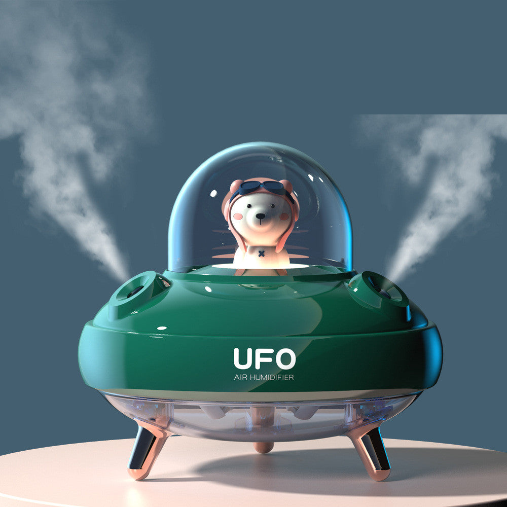 Dual Nozzles Wireless Air Humidifier in UFO shape with colorful lights, showcasing its compact design and dual spray nozzles.
