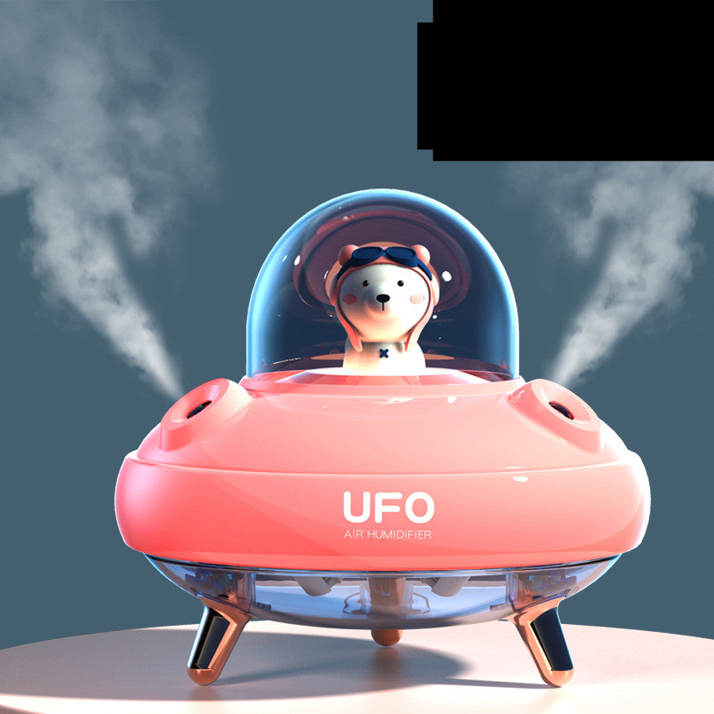 Dual Nozzles Wireless Air Humidifier in UFO shape with colorful lights, showcasing its compact design and dual spray nozzles.