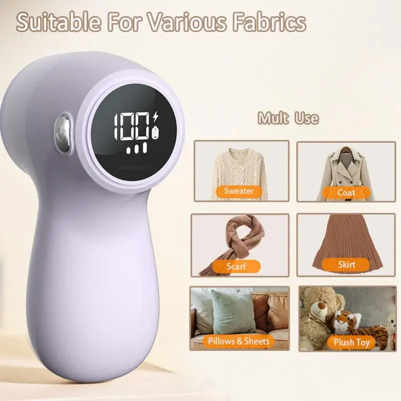 Electric Hairball Trimmer with LED display and USB charging port, designed for efficient lint removal from various fabrics.