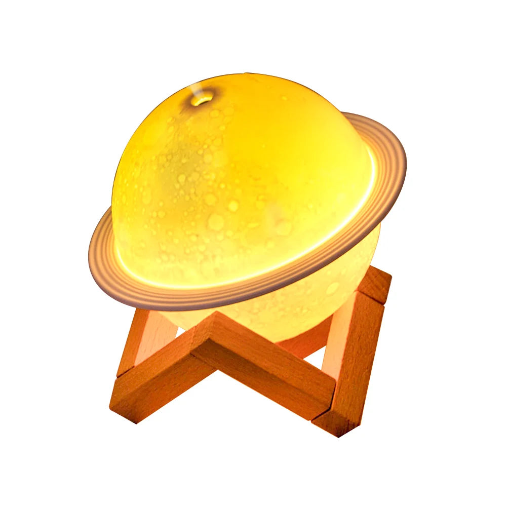 3D Moon Air Humidifier in white, featuring LED lights and mist, designed for essential oil diffusion and air humidification.