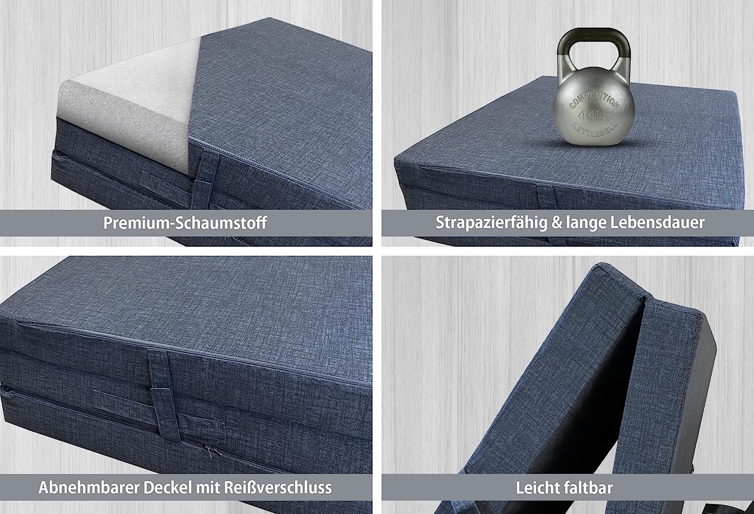 Faltbare Matratze 3-teilig in aufgeklapptem Zustand, ideal für Reisen und als Gästebett, mit abnehmbarem Bezug und 8 cm dickem Schaumstoffkern.