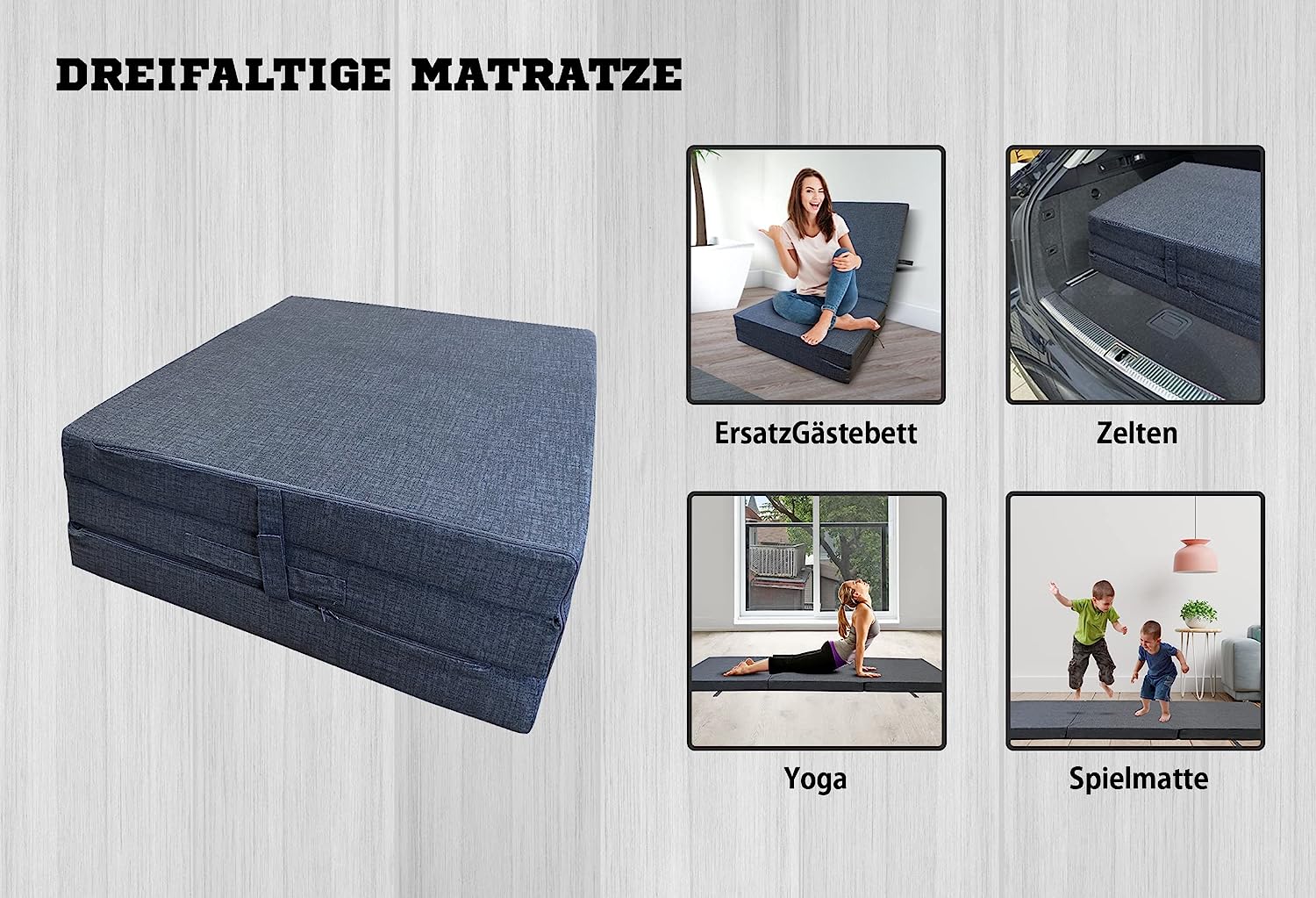 Faltbare Matratze 3-teilig in aufgeklapptem Zustand, ideal für Reisen und als Gästebett, mit abnehmbarem Bezug und 8 cm dickem Schaumstoffkern.