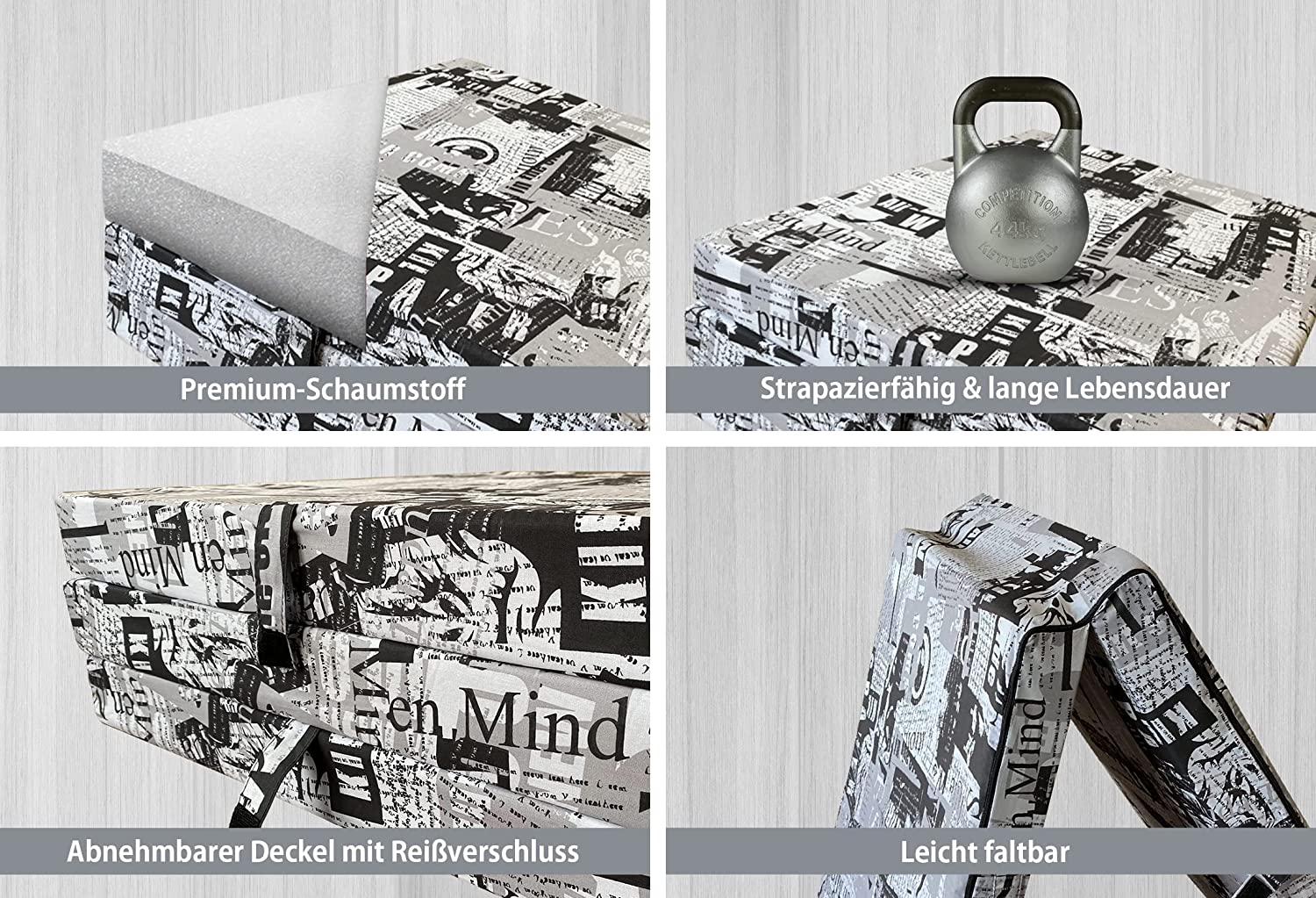 Faltbare Matratze 3-teilig in aufgeklapptem Zustand, ideal für Reisen und als Gästebett, mit abnehmbarem Bezug und 8 cm dickem Schaumstoffkern.