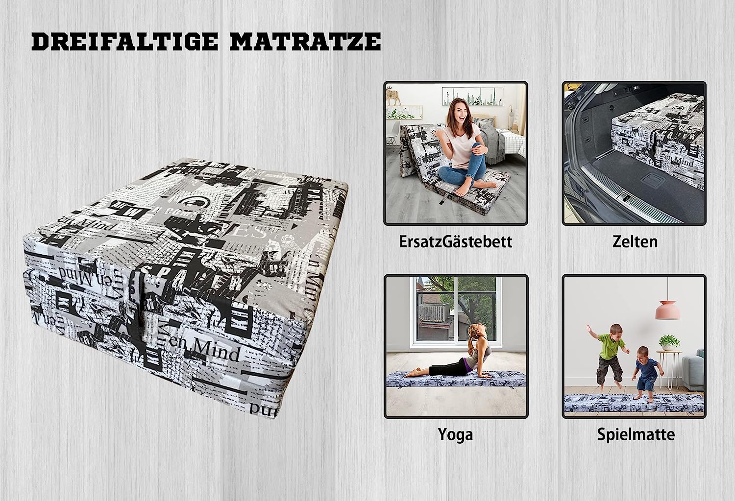 Faltbare Matratze 3-teilig in aufgeklapptem Zustand, ideal für Reisen und als Gästebett, mit abnehmbarem Bezug und 8 cm dickem Schaumstoffkern.