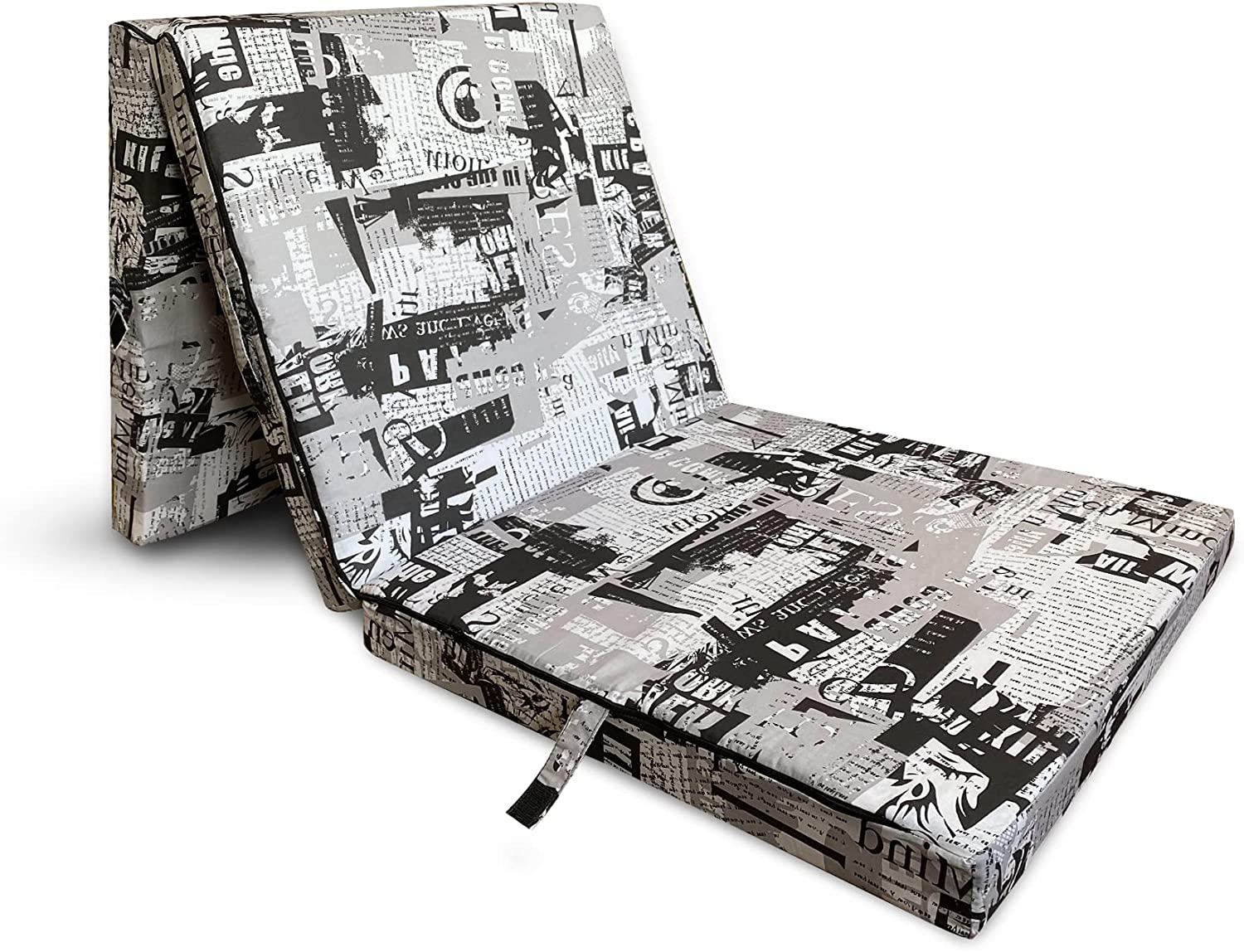 Faltbare Matratze 3-teilig in aufgeklapptem Zustand, ideal für Reisen und als Gästebett, mit abnehmbarem Bezug und 8 cm dickem Schaumstoffkern.