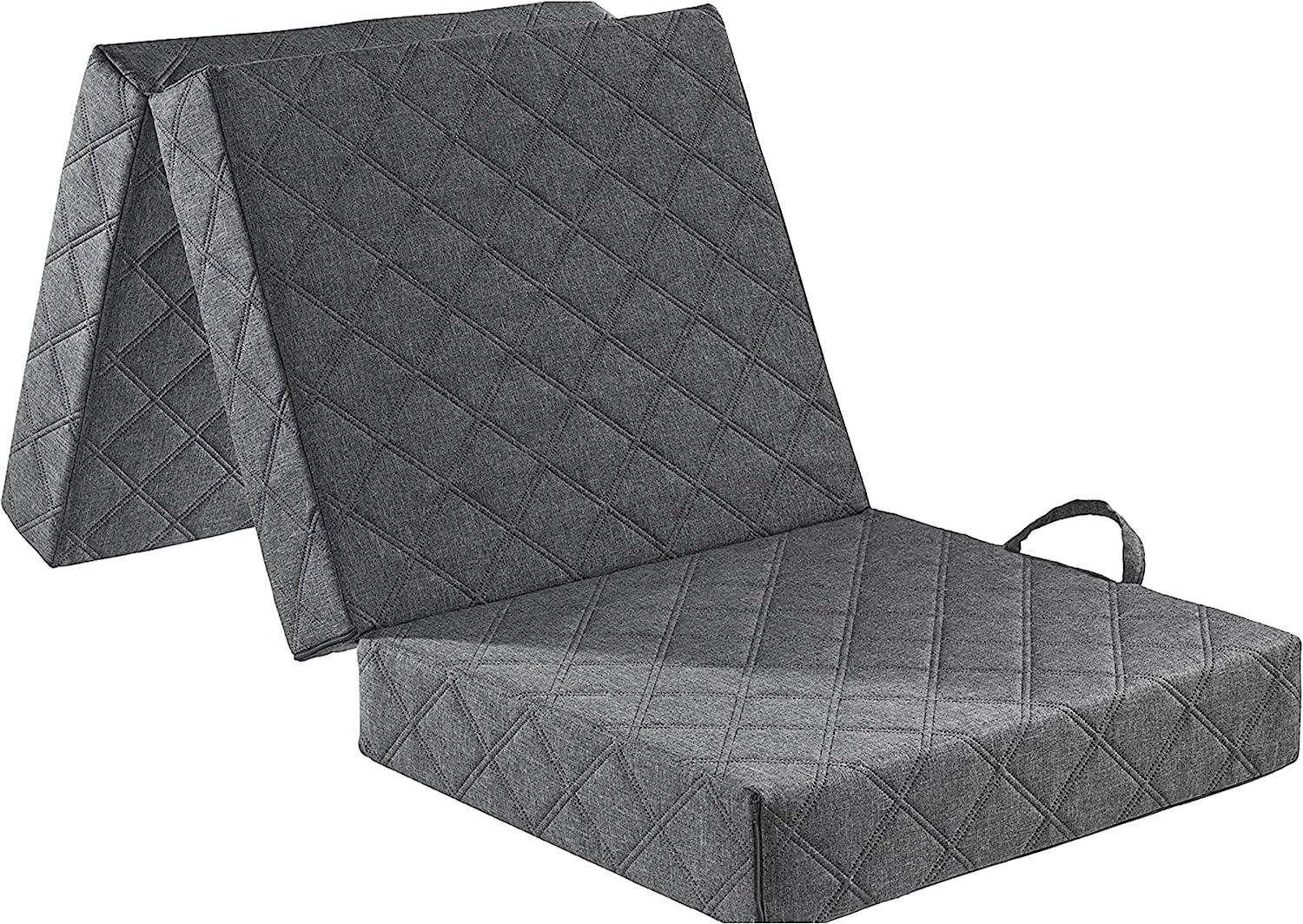 Faltbare Matratze 3-teilig in aufgeklapptem Zustand, ideal für Reisen und als Gästebett, mit abnehmbarem Bezug und 8 cm dickem Schaumstoffkern.