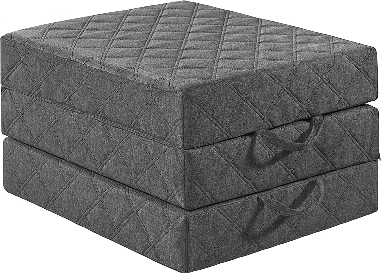 Faltbare Matratze 3-teilig in aufgeklapptem Zustand, ideal für Reisen und als Gästebett, mit abnehmbarem Bezug und 8 cm dickem Schaumstoffkern.