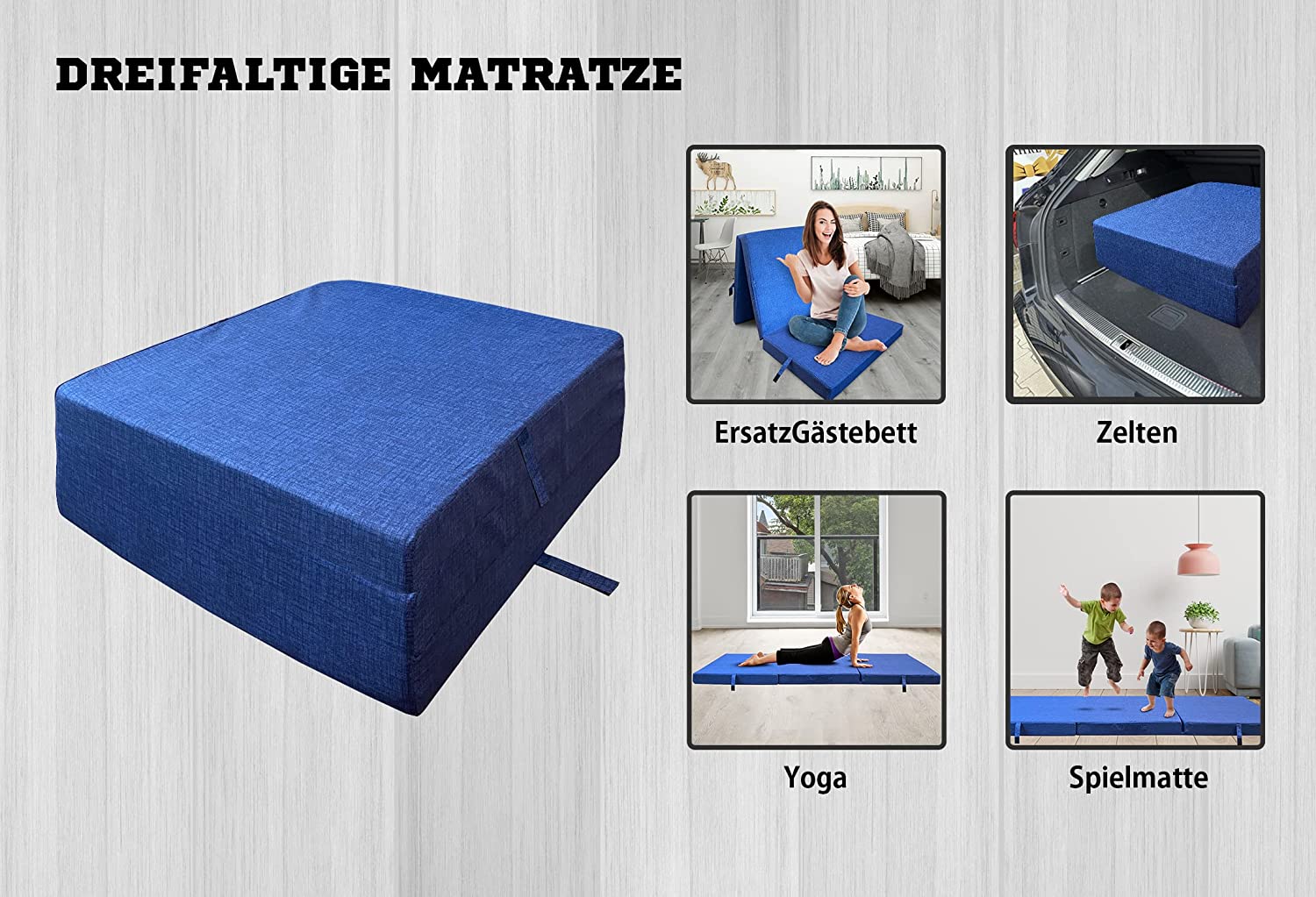 Faltbare Matratze 3-teilig in aufgeklapptem Zustand, ideal für Reisen und als Gästebett, mit abnehmbarem Bezug und 8 cm dickem Schaumstoffkern.