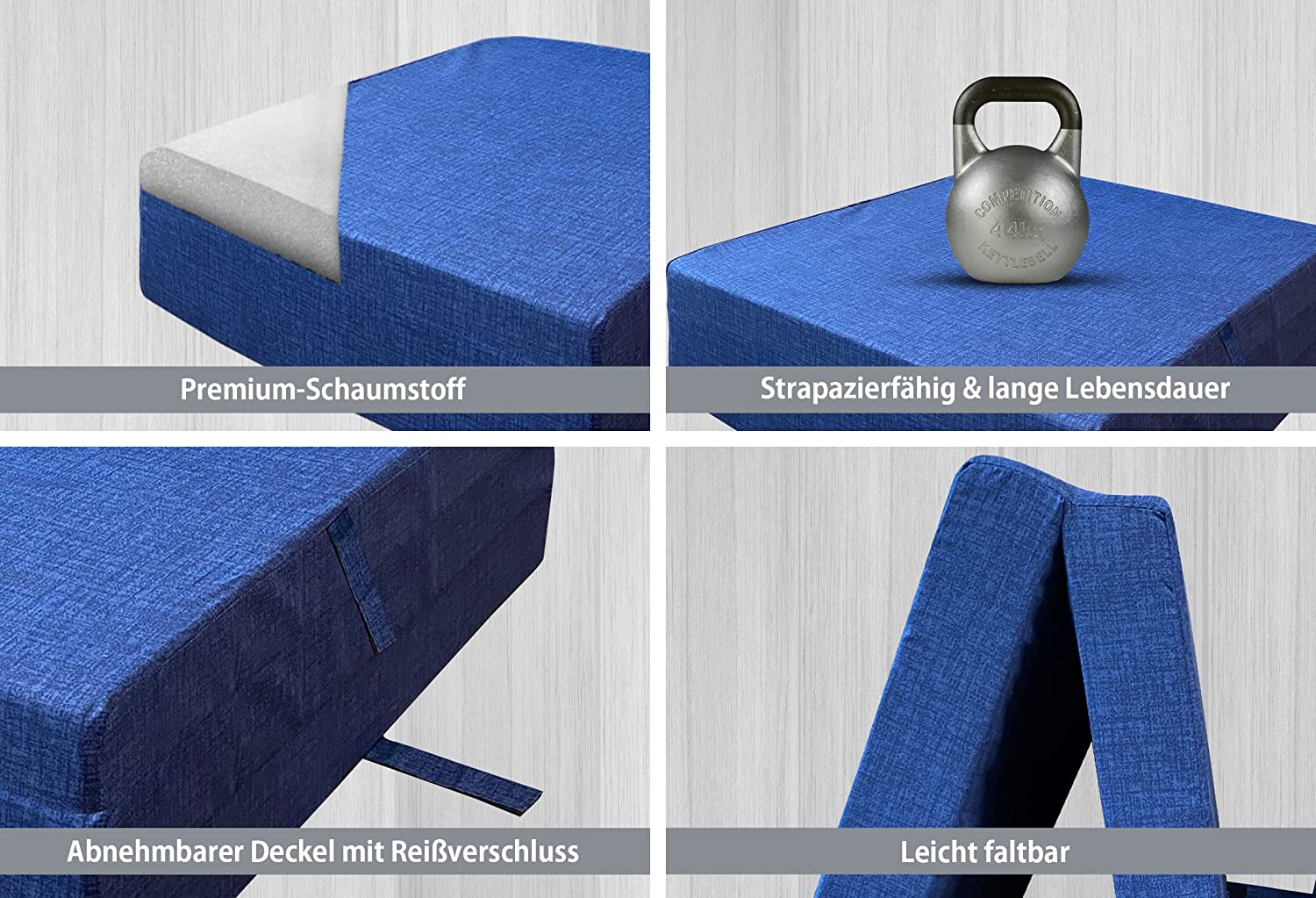 Faltbare Matratze 3-teilig in aufgeklapptem Zustand, ideal für Reisen und als Gästebett, mit abnehmbarem Bezug und 8 cm dickem Schaumstoffkern.