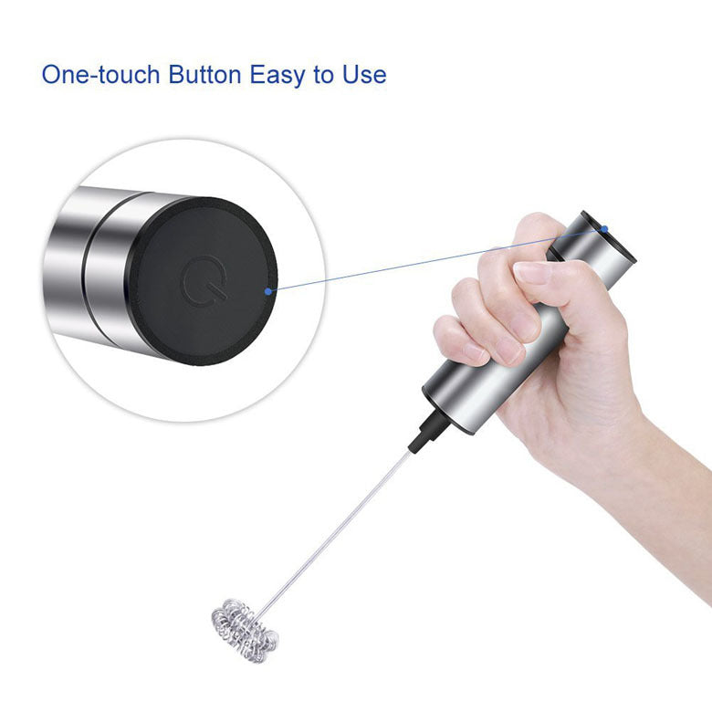 Handheld Electric Coffee Blender Milk Frother with stainless steel whisk and ABS plastic body, designed for frothing milk and mixing beverages.