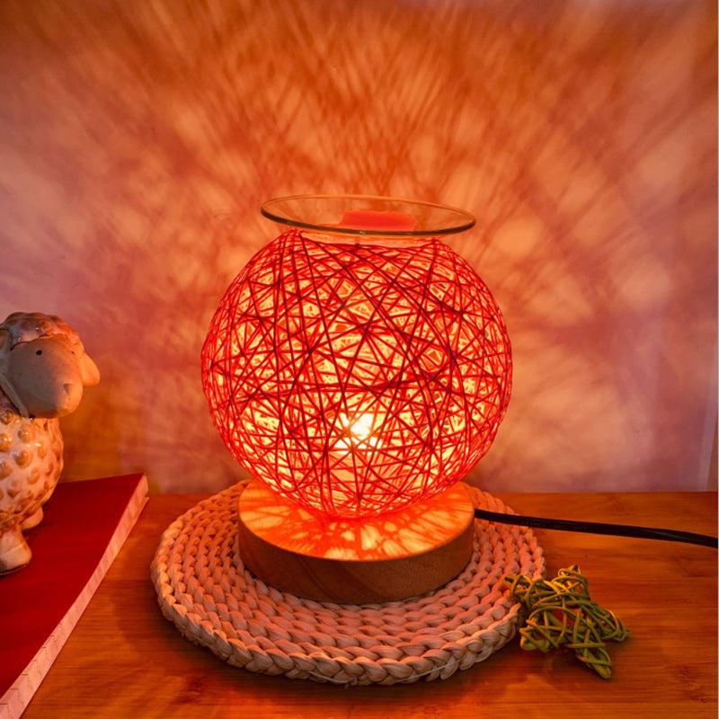 Home Decor Electric Wax Warmer with a handmade sepak takraw design, featuring a bamboo wood lamp holder and a dimming control switch.