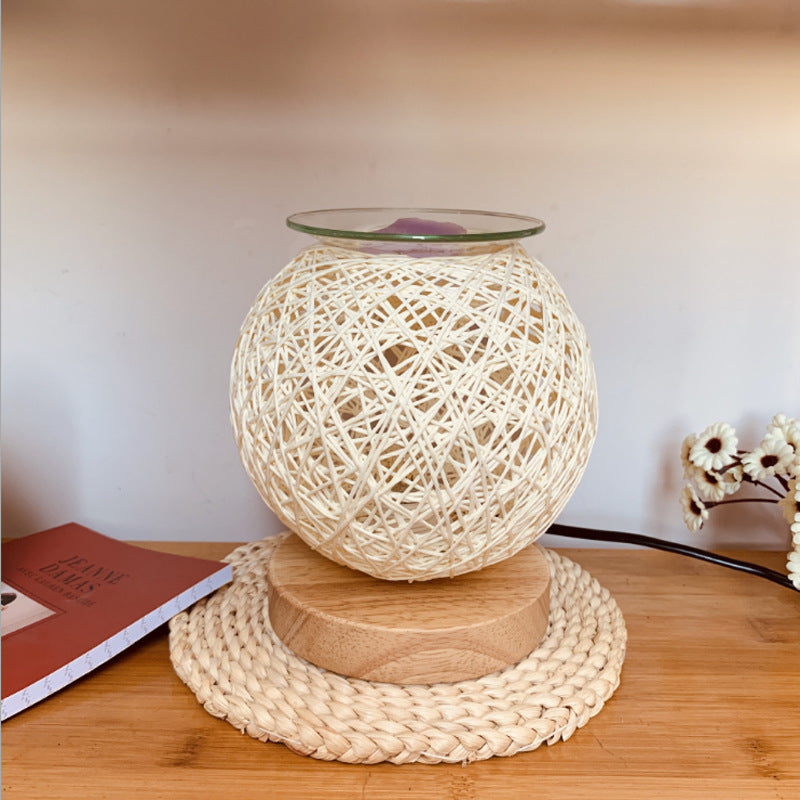 Home Decor Electric Wax Warmer with a handmade sepak takraw design, featuring a bamboo wood lamp holder and a dimming control switch.