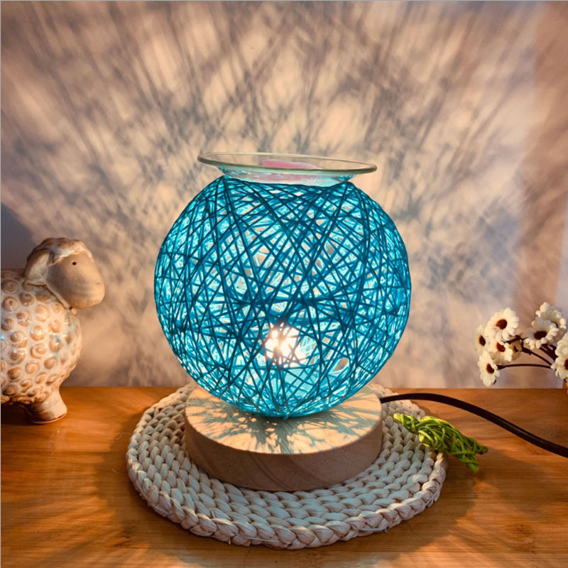 Home Decor Electric Wax Warmer with a handmade sepak takraw design, featuring a bamboo wood lamp holder and a dimming control switch.