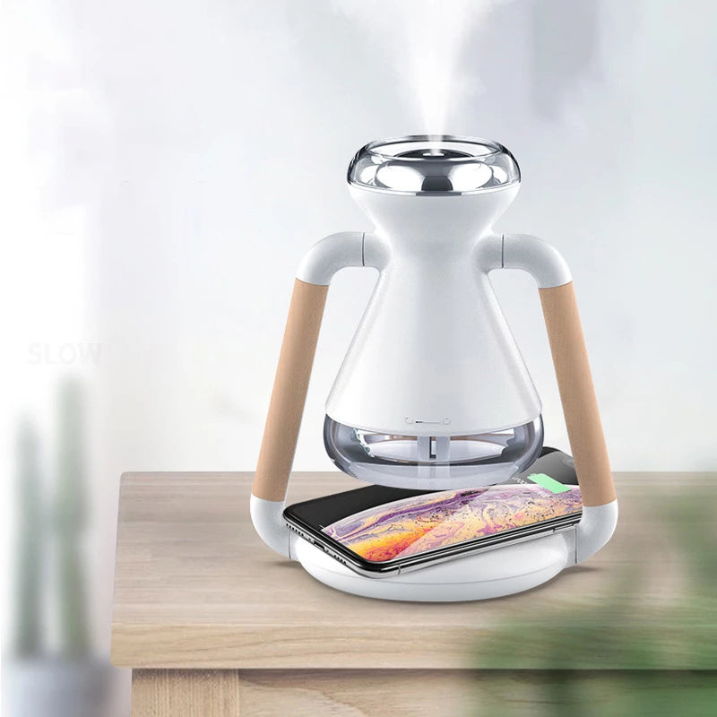 USB Wireless Charging Desktop Ultrasonic Humidifier with mist and charging feature, designed for small spaces.
