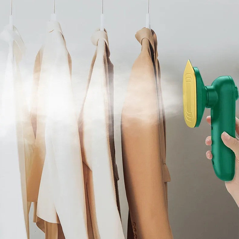 Portable Hanging Ironing Machine in dark green, showcasing its compact design and features for wet and dry ironing.