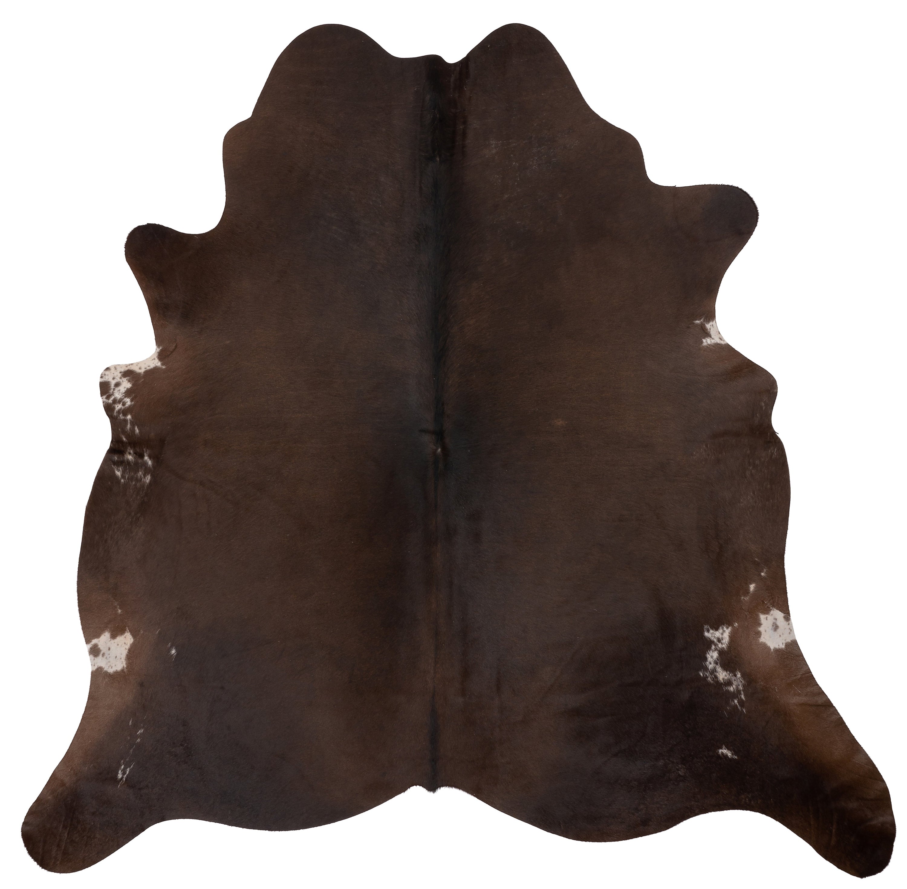 Donkerbruine koeienhuid van ca. 180 x 160 cm, uniek patroon en textuur, perfect voor interieurdecoratie.
