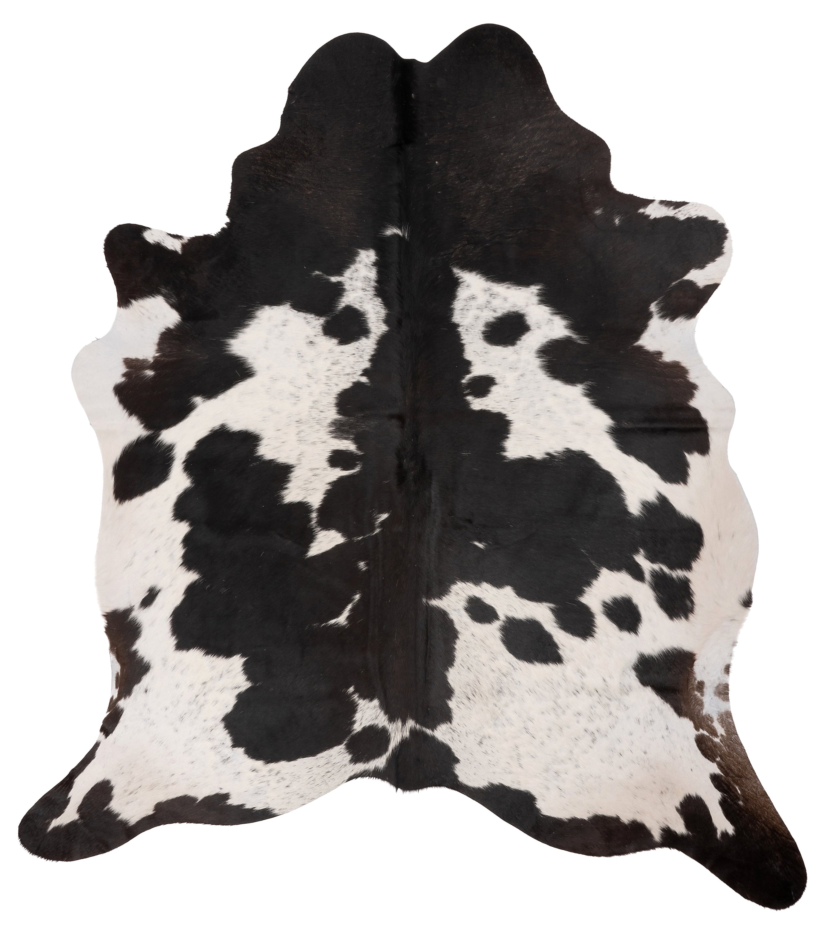 Unieke zwart-witte koeienhuid K642, met een afmeting van ca. 180 x 160 cm, perfect voor interieurdecoratie.