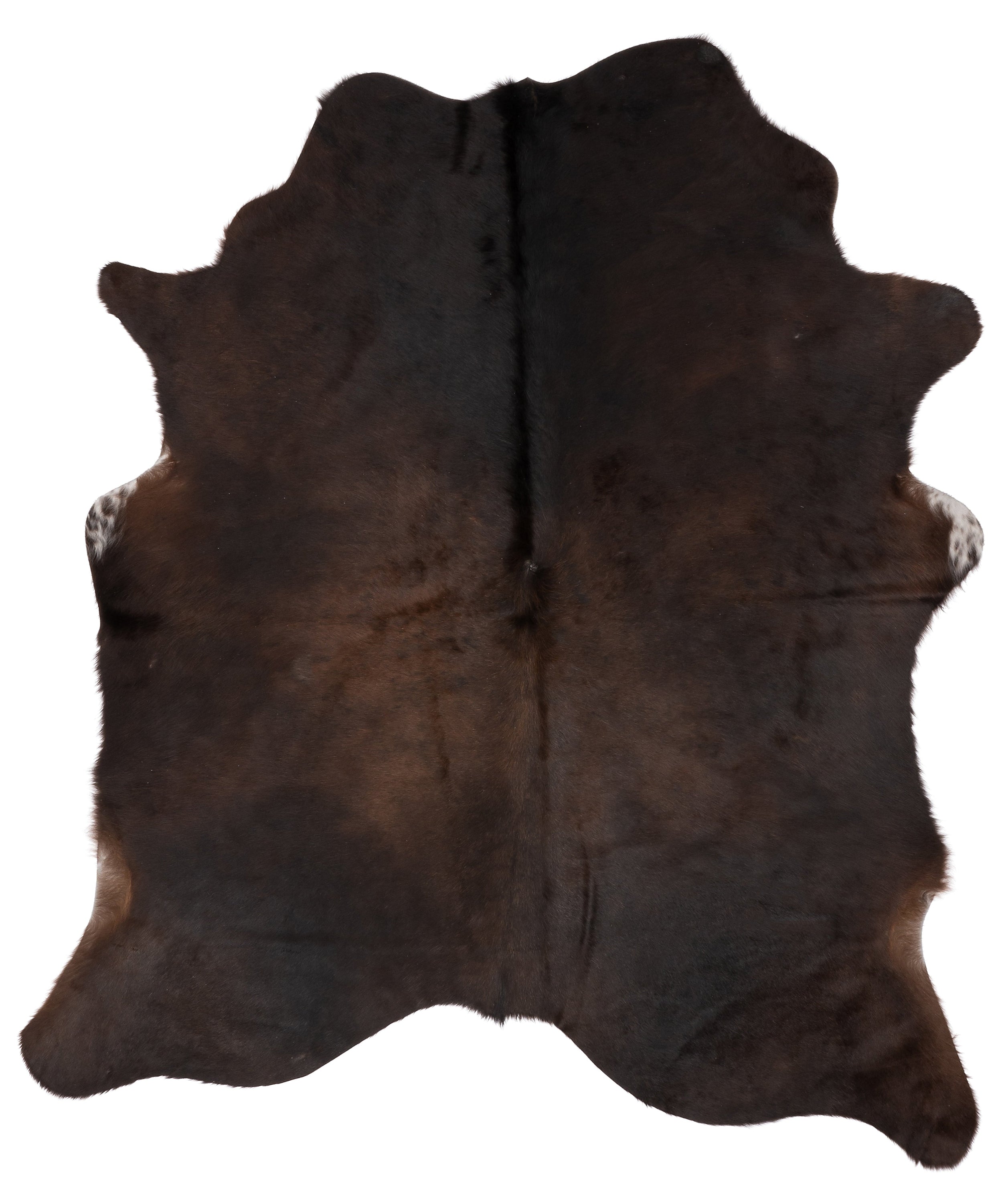 Unieke donkerbruine koeienhuid K653 met afmetingen ca. 180 x 160 cm, perfect voor interieurdecoratie.