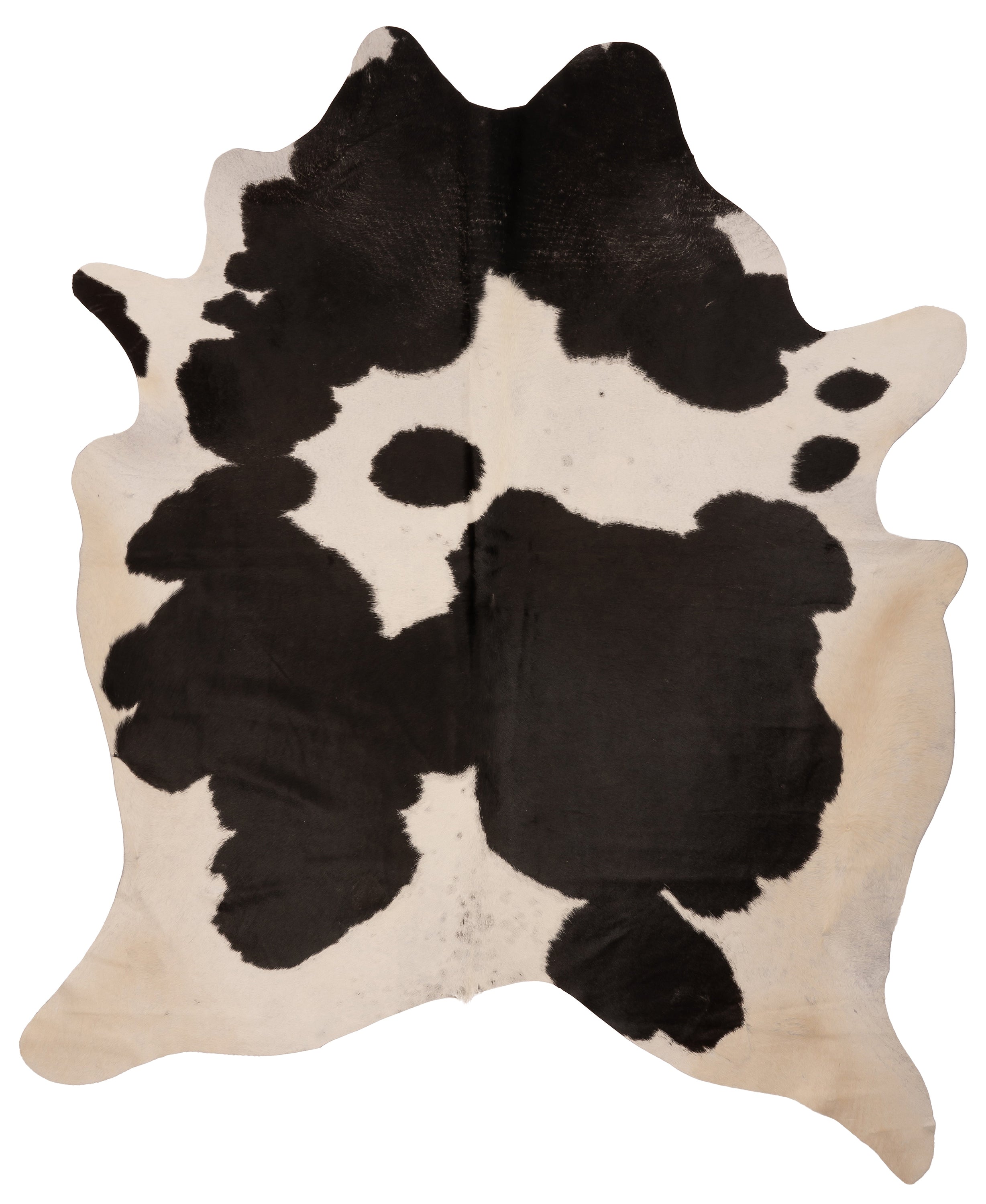 Unieke zwart-witte K830 koeienhuid XL van ca. 210 x 180 cm, perfect voor interieurdecoratie.