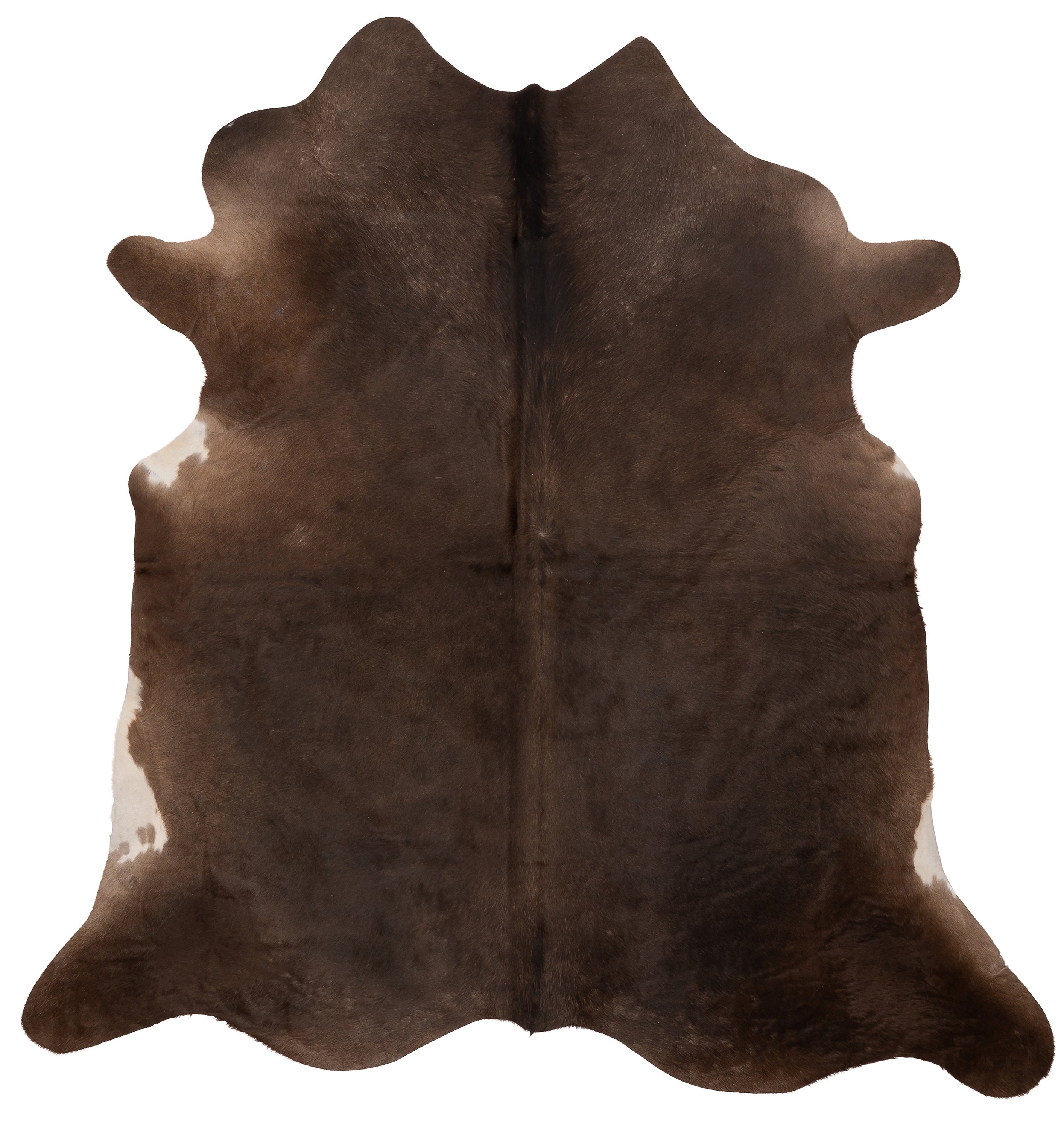 Unieke donkerbruine K847 koeienhuid XL met afmetingen ca. 210 x 180 cm, perfect voor interieurdecoratie.