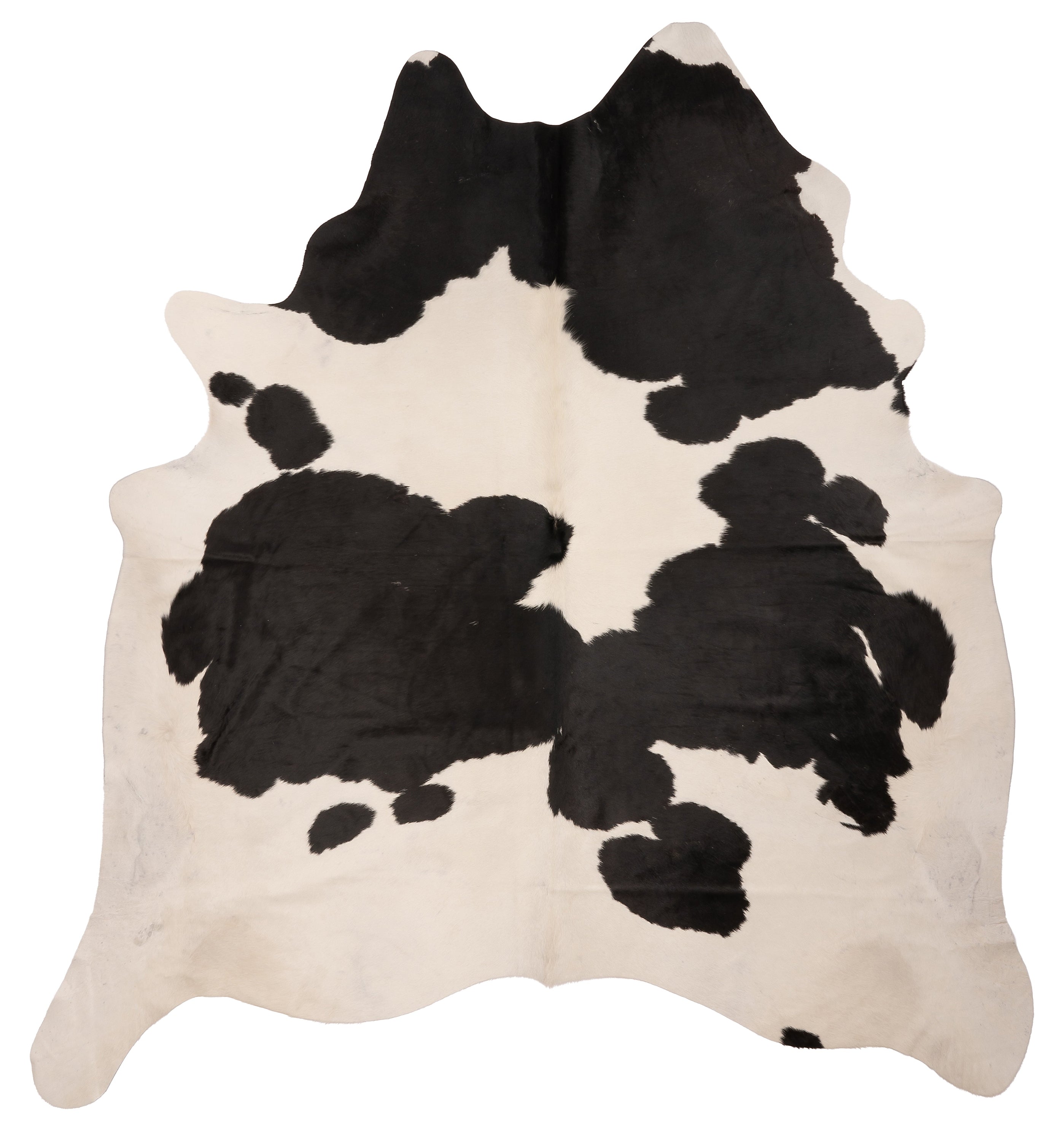 Zwart-witte K908 koeienhuid XL van ca. 210 x 180 cm, perfect voor interieurdecoratie.