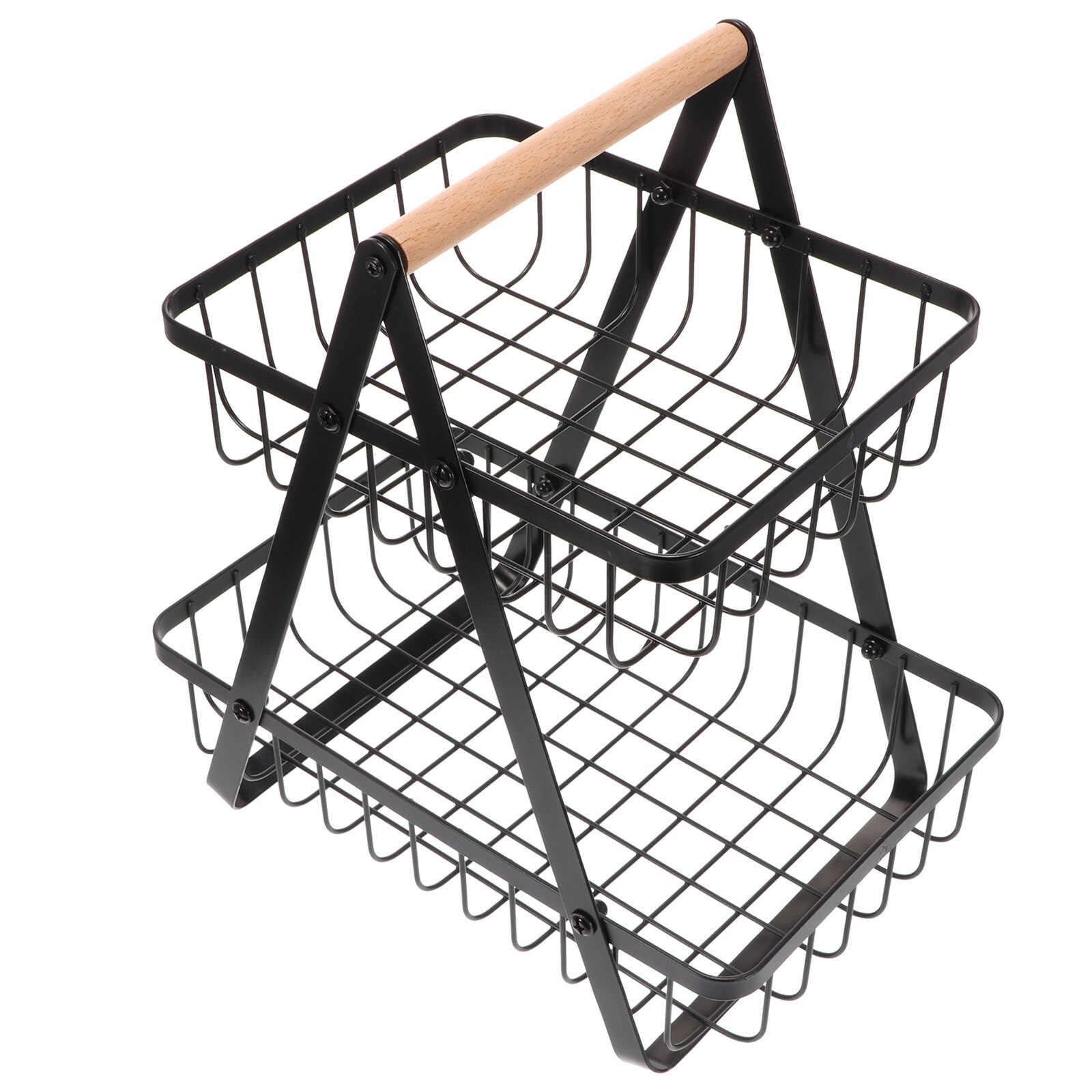 Large Capacity Desktop Fruit Basket with double-layer design, made of durable carbon steel, featuring a wooden handle for easy portability.