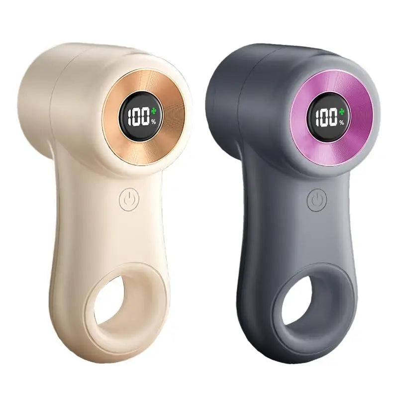 Rechargeable electric lint remover with digital display and stainless steel cutters, designed for effective hairball removal from clothing.