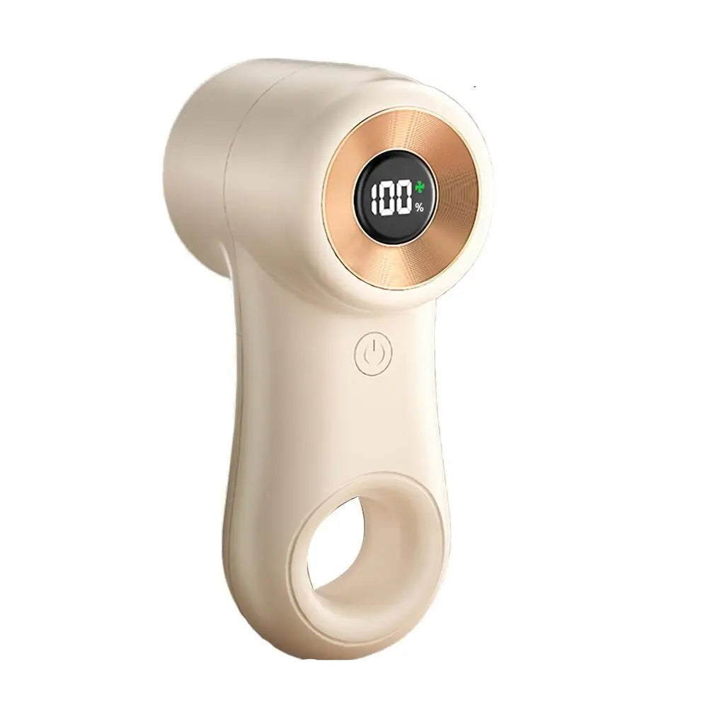 Rechargeable electric lint remover with digital display and stainless steel cutters, designed for effective hairball removal from clothing.