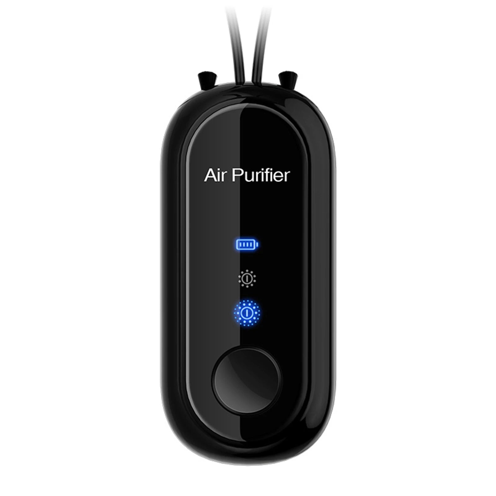 Hanging Negative Ions Purifier in white and black, designed for portable air purification with a hanging-neck feature.