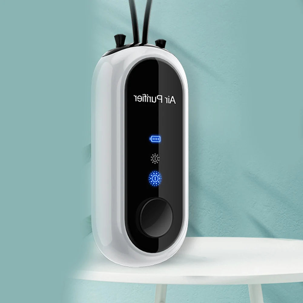 Hanging Negative Ions Purifier in white and black, designed for portable air purification with a hanging-neck feature.