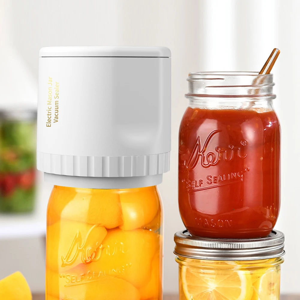 Mason Jar Vacuum Sealer Pump Kit with jars and sealing sizes displayed, showcasing its cordless design and compact size.