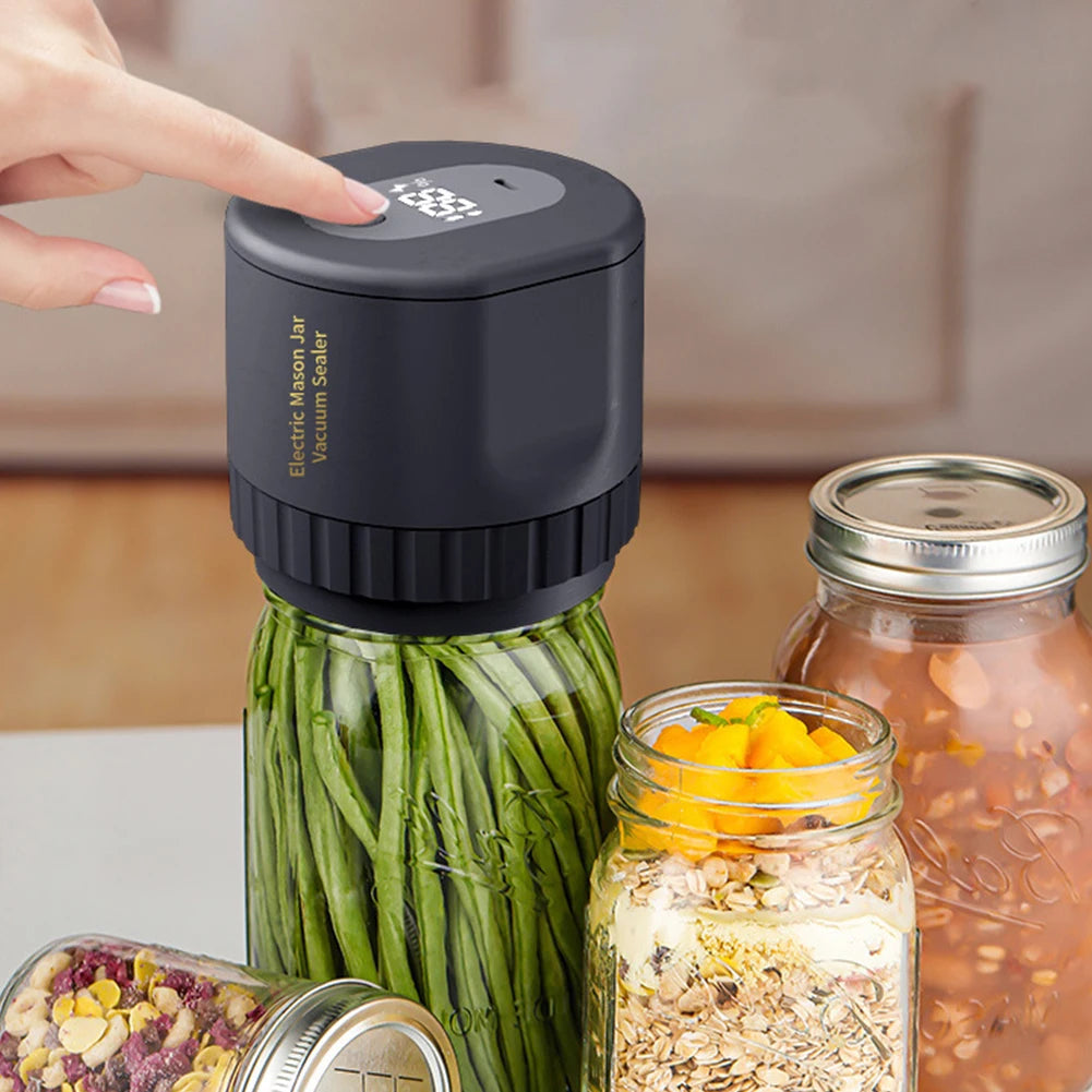 Mason Jar Vacuum Sealer Pump Kit with jars and sealing sizes displayed, showcasing its cordless design and compact size.