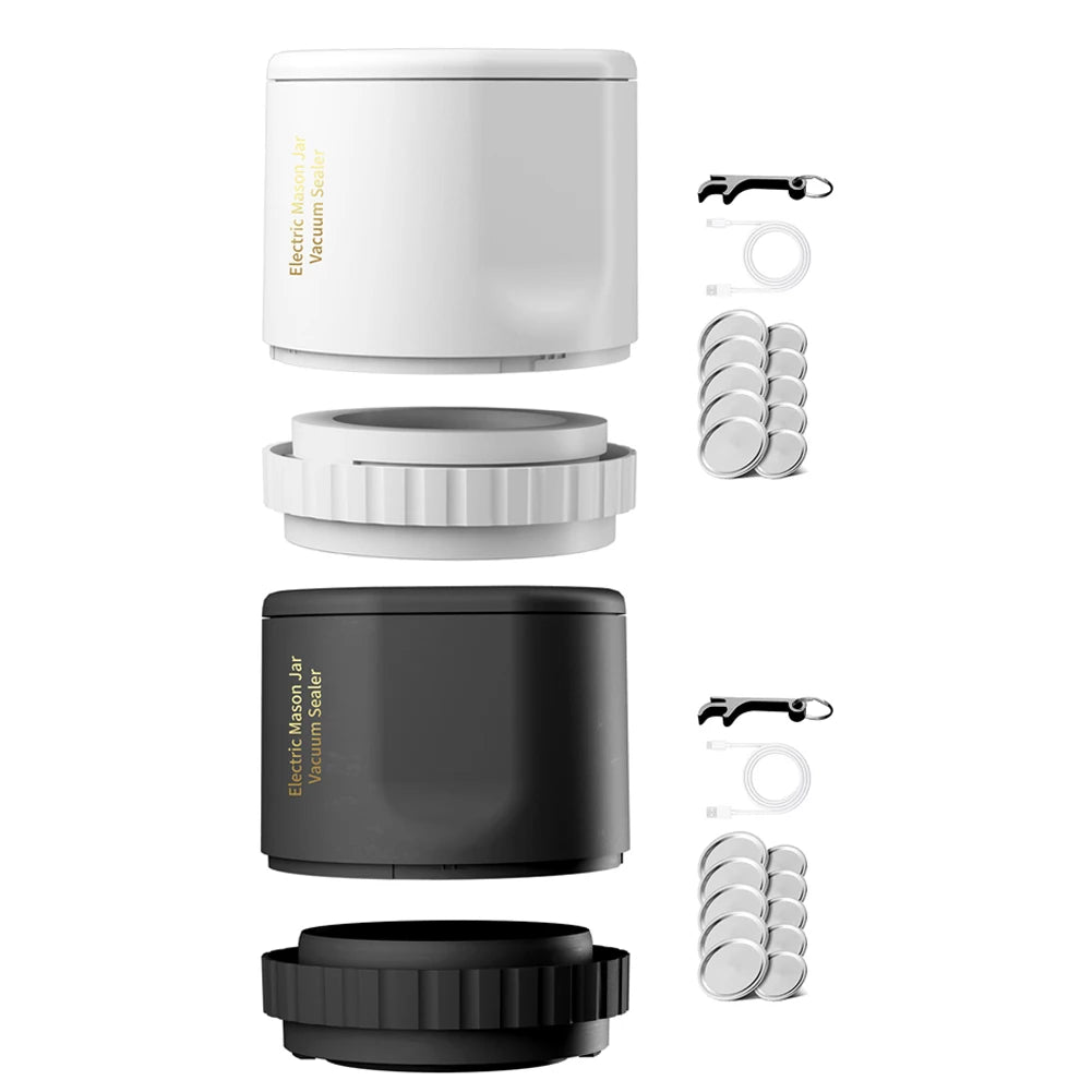 Mason Jar Vacuum Sealer Pump Kit with jars and sealing sizes displayed, showcasing its cordless design and compact size.