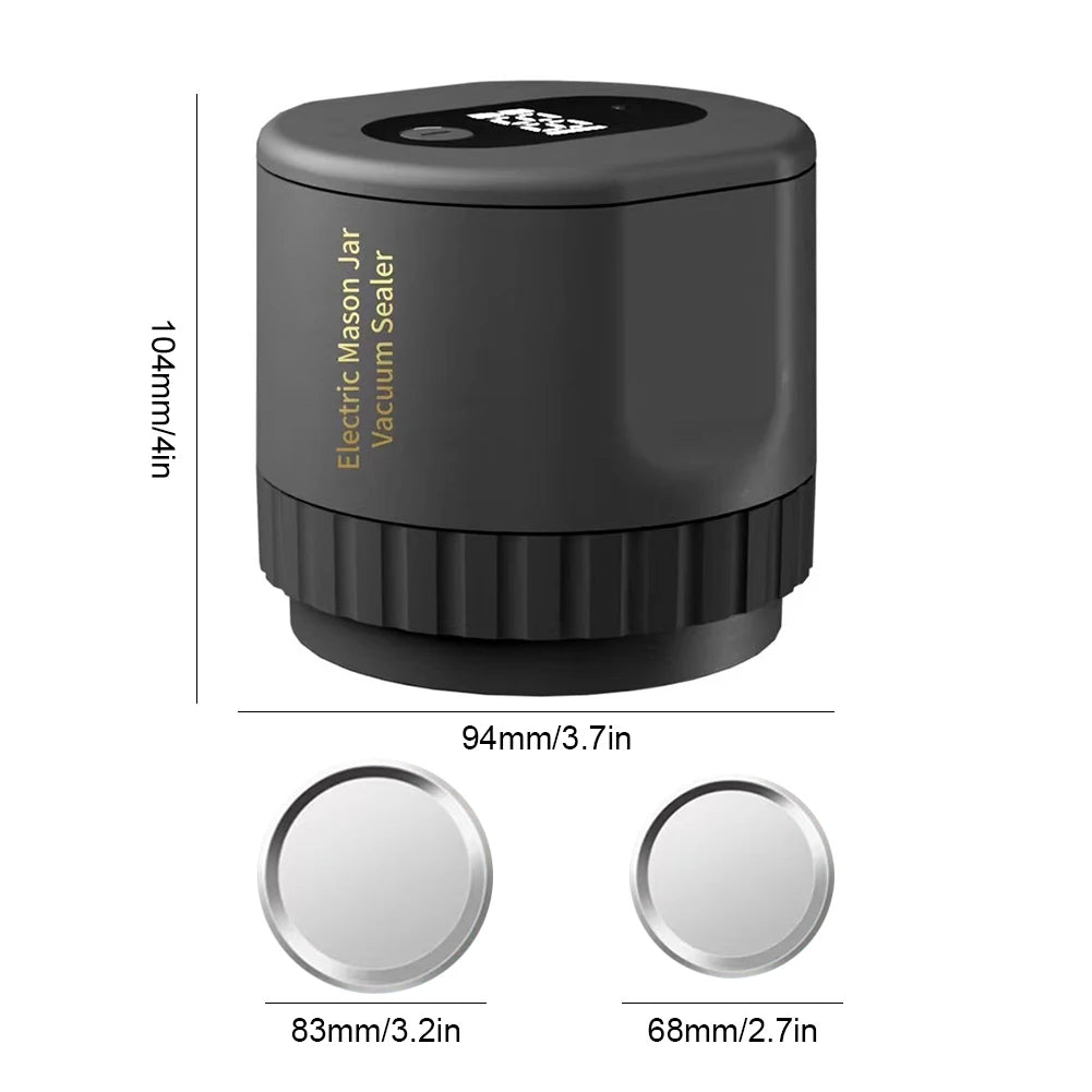 Mason Jar Vacuum Sealer Pump Kit with jars and sealing sizes displayed, showcasing its cordless design and compact size.