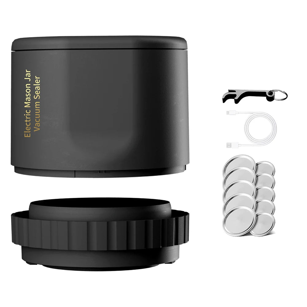 Mason Jar Vacuum Sealer Pump Kit with jars and sealing sizes displayed, showcasing its cordless design and compact size.