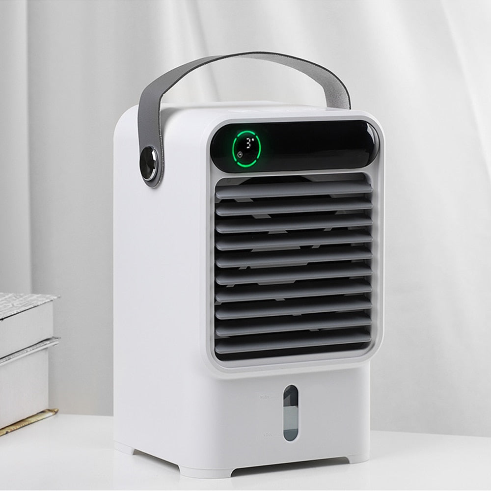 Mini Portable Air Conditioner Fan with water tank and soft lighting, designed for rapid cooling in any room.
