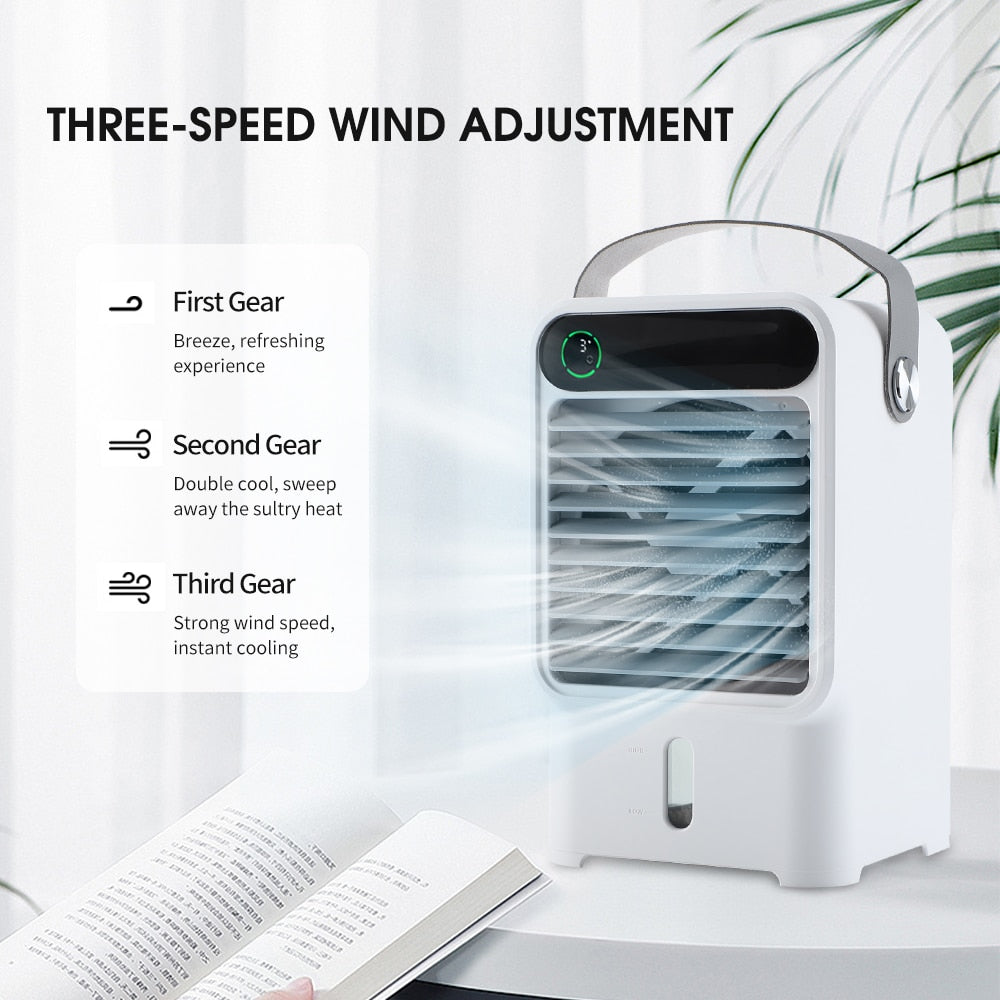 Mini Portable Air Conditioner Fan with water tank and soft lighting, designed for rapid cooling in any room.