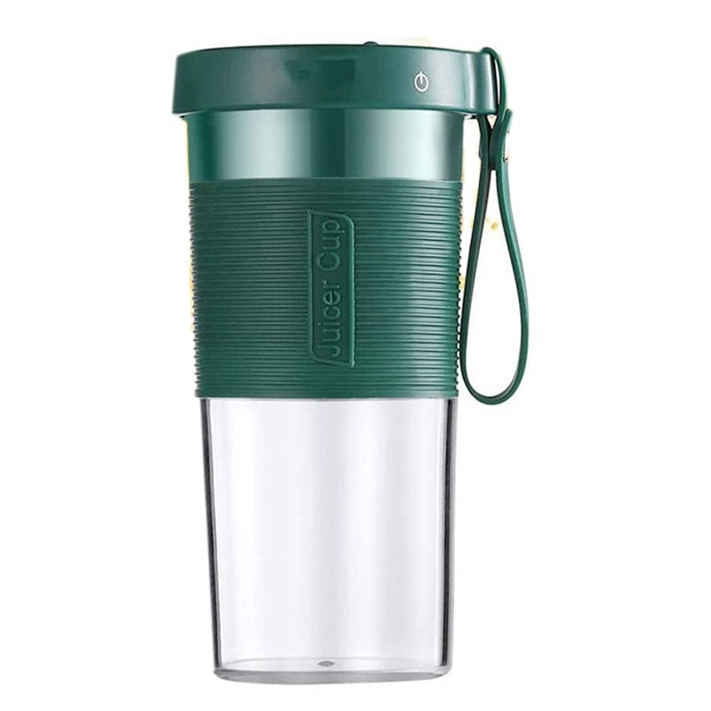 Mini Portable Smoothie Shake Maker in pink color with three stainless steel blades, USB charging cable, and two bottle caps for versatile use.