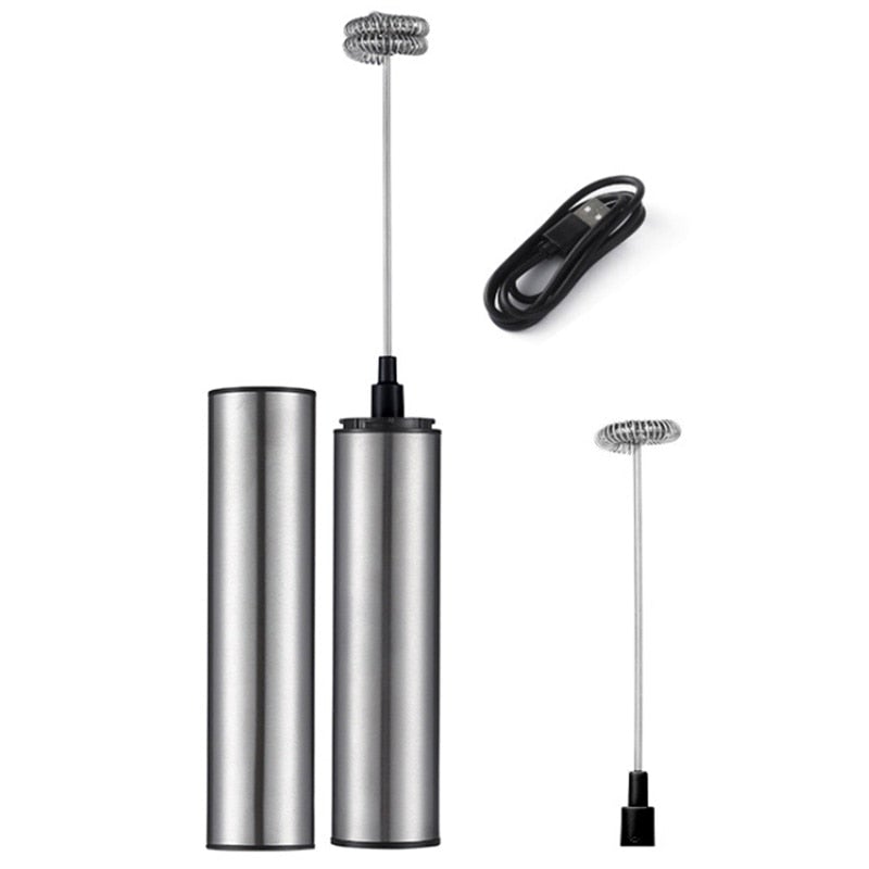Multi-Function Rechargeable Stainless Steel Milk Frother with double spring beater head, sleek silver design, and easy one-press button for frothing milk.