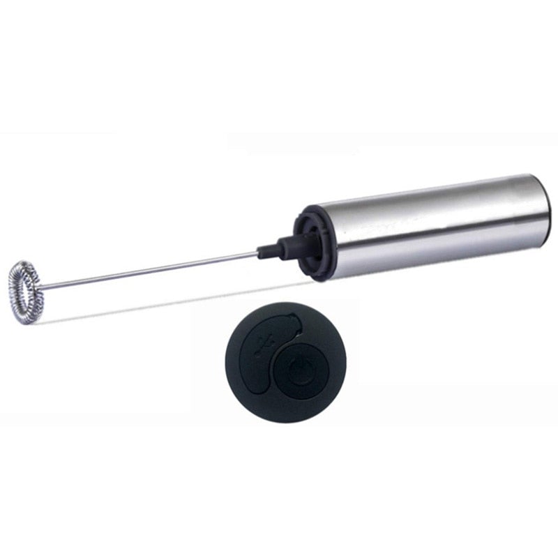 Multi-Function Rechargeable Stainless Steel Milk Frother with double spring beater head, sleek silver design, and easy one-press button for frothing milk.