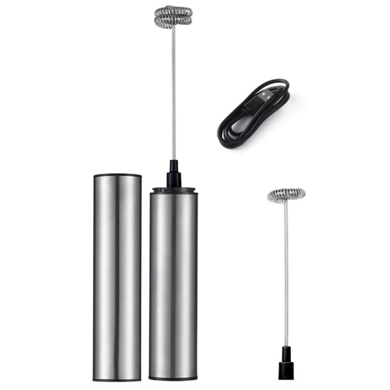 Multi-Function Rechargeable Stainless Steel Milk Frother with double spring beater head, sleek silver design, and easy one-press button for frothing milk.