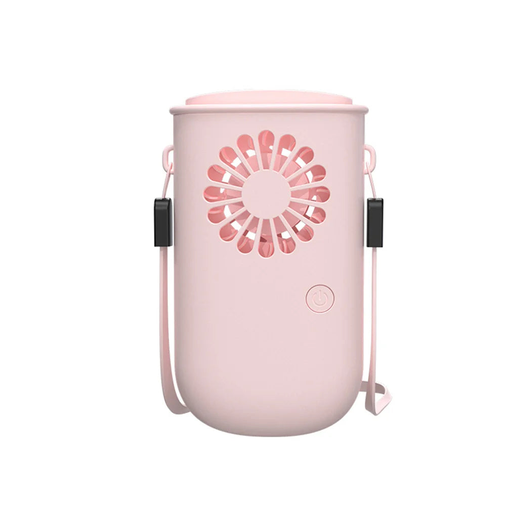 A portable USB rechargeable neck fan in pearl white color, designed for hands-free cooling with a stylish and ergonomic shape.