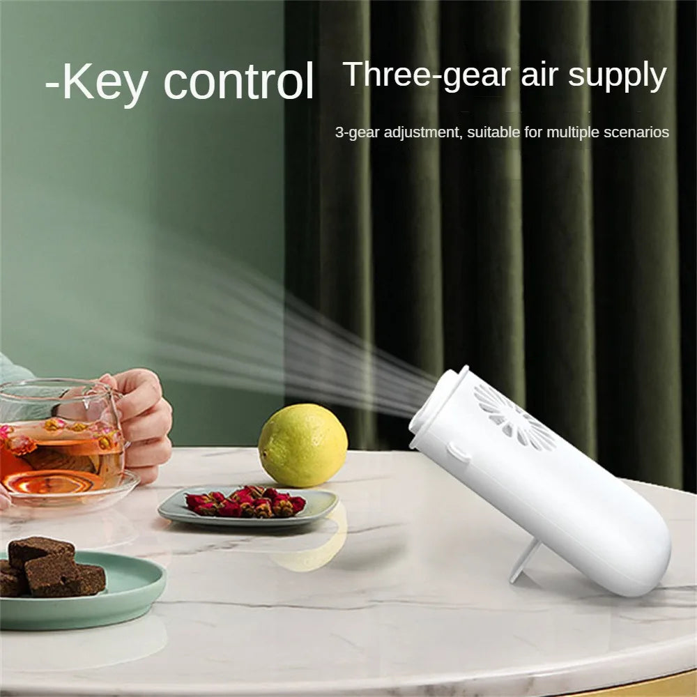 A portable USB rechargeable neck fan in pearl white color, designed for hands-free cooling with a stylish and ergonomic shape.