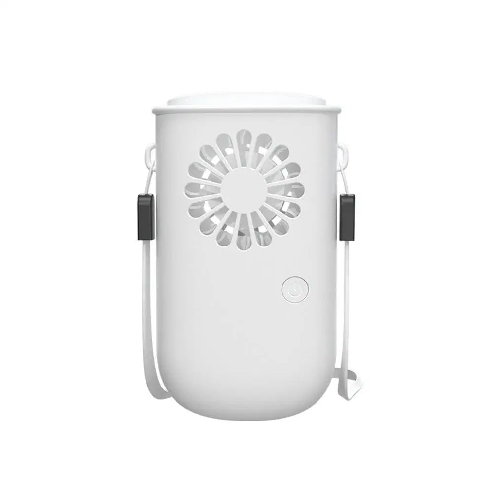 A portable USB rechargeable neck fan in pearl white color, designed for hands-free cooling with a stylish and ergonomic shape.