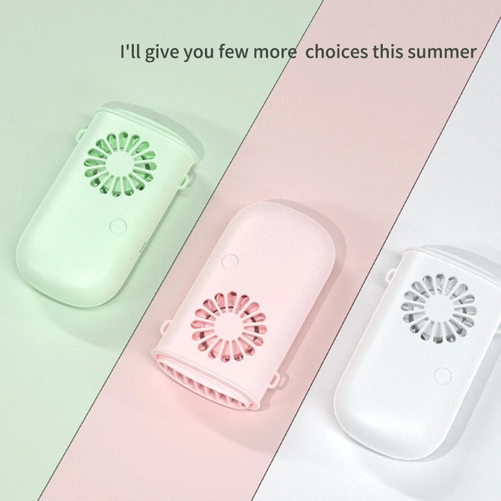 A portable USB rechargeable neck fan in pearl white color, designed for hands-free cooling with a stylish and ergonomic shape.