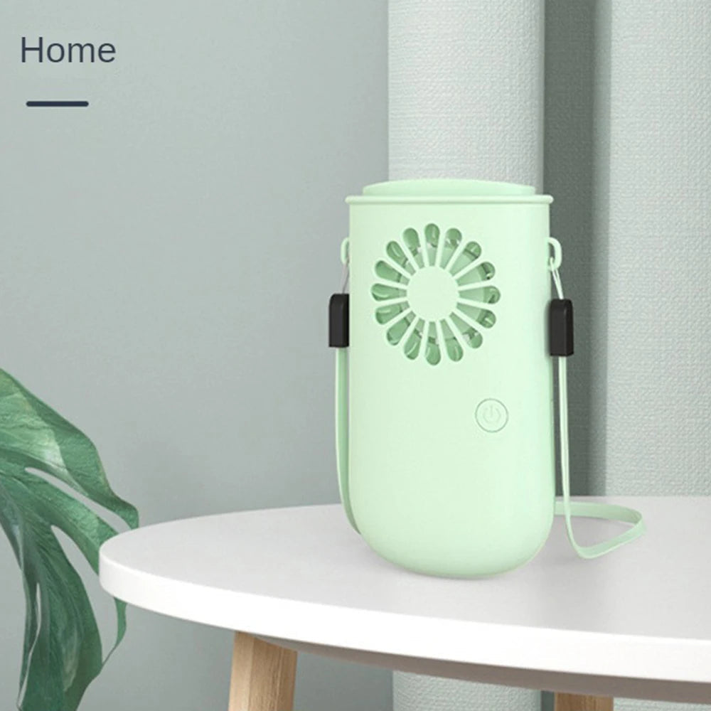 A portable USB rechargeable neck fan in pearl white color, designed for hands-free cooling with a stylish and ergonomic shape.