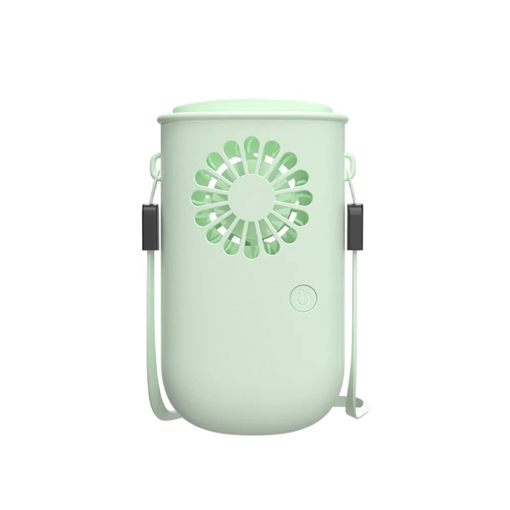 A portable USB rechargeable neck fan in pearl white color, designed for hands-free cooling with a stylish and ergonomic shape.