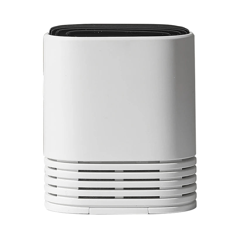 Neck-mounted air purifier in white and black, showcasing its compact design and portable features.
